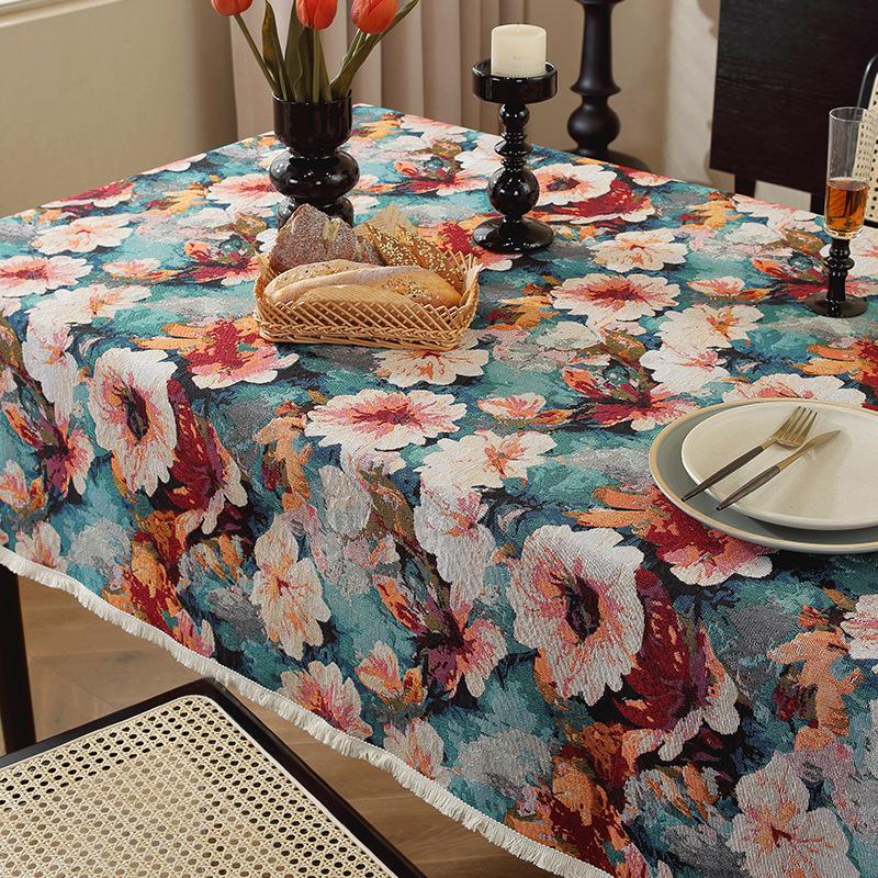 Vintage Floral Tablecloth American Oil Painting Style Thick Cotton Linen Jacquard for Tea Table
