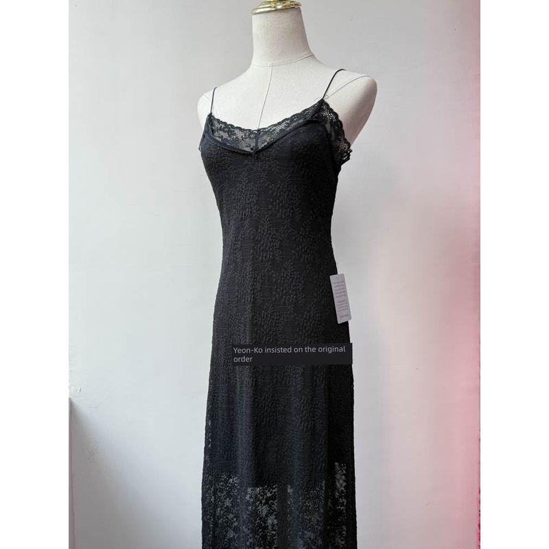Foreign Trade Order Lu * H Black Lace Sling Sexy Pure Style Slim Fit Semi-Transparent Suspender Skirt Midi Dress