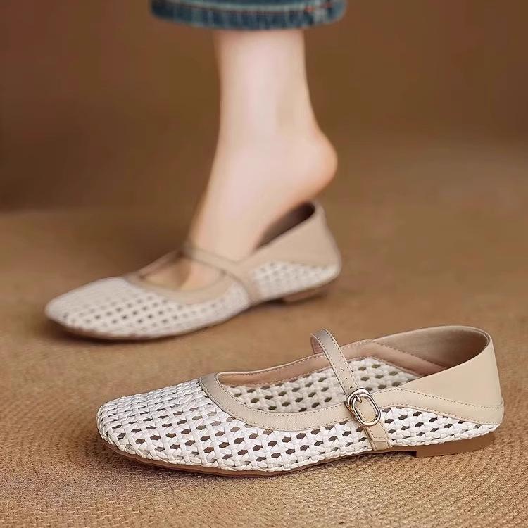 French woven hollow breathable flat-soled single shoes literary sweet hole shoes with soft leather soft-soled Mary Jane sandals