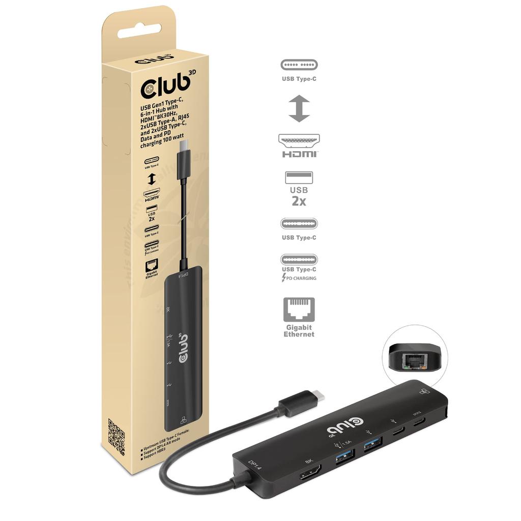 Club 3D USB Gen1 Type C Hub To HDMI 8K30Hz 4K120Hz 2x USB A RJ45 USB C 5Gbps USB C 100W 6-in-1 / / / / PD3.0 (CSV-1596)