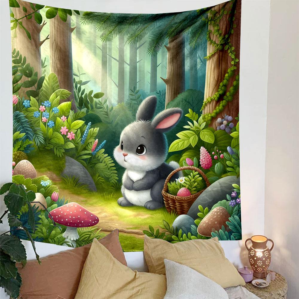 Cute Bunny in a Forest Wonderland Patterned Tapestry Decorative Wall Hanging, Home Bedroom Living Room Decor