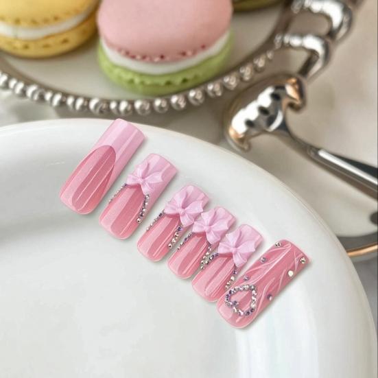 24Pcs Long French Tip Press on Nails, 3D Pink Bow Rhinestone Stick-on Nails for Women, Removable Full Cover Glue on Fake Nails