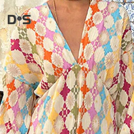 Women Dress Colorful Print Deep V Neck Long Lantern Sleeves Loose Waist Bohemian Style Vacation Shopping Dating Maxi Dress