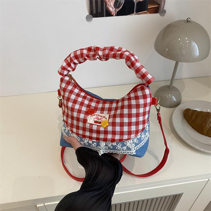 Sweet plaid handbag female foreign girl versatile shoulder bag fashionable small fresh lace messenger bag