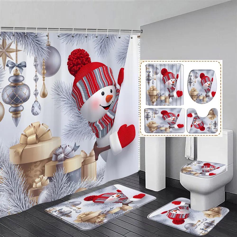Niedlicher Schneemann-Weihnachts-Duschvorhang-Set, silberne Tannenzweige, Schneeflocken-Weihnachtskugeln, Badezimmer-Dekor, Teppich, Badematte, Toilettendeckelbezug