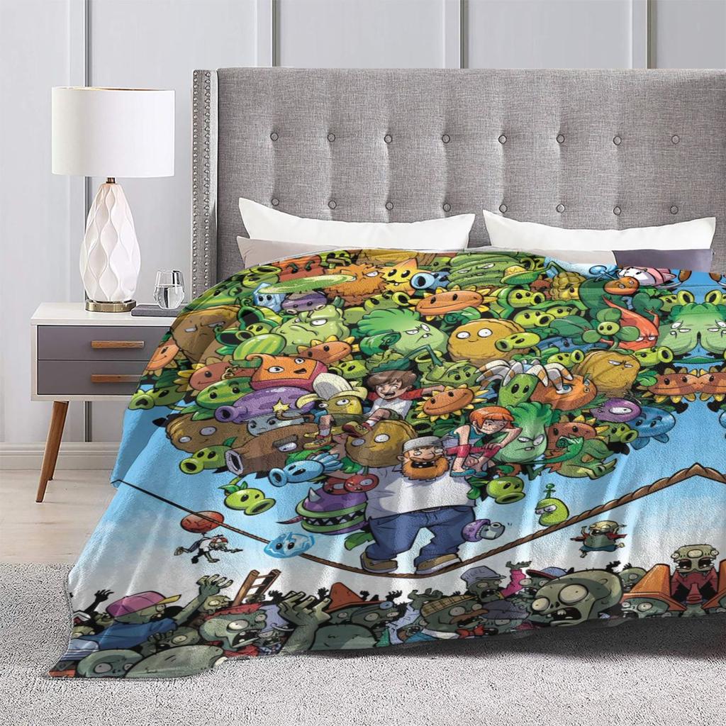 Game P-Plants-vs-Zombie Printed Blanket Warm Soft Fluffy Plush Bedding Throws For Home Decor Travel Flannel Bedspread Bed Cover