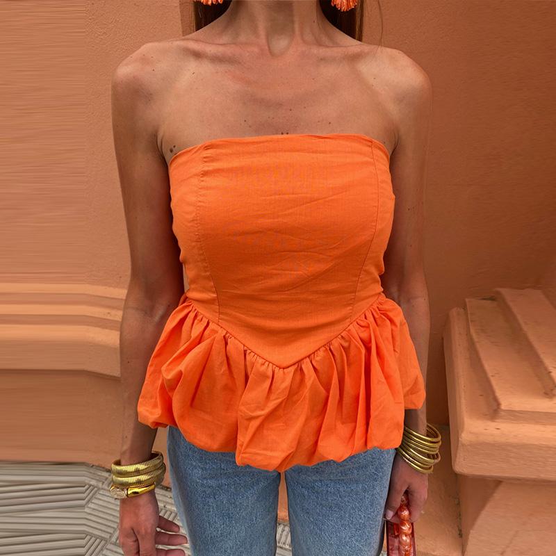 

Повседневный однотонный лоскутный женский топ без бретелек без рукавов с открытой спиной и открытыми плечами плиссированный женский жилет летние шикарные женские топы XL оранжевый