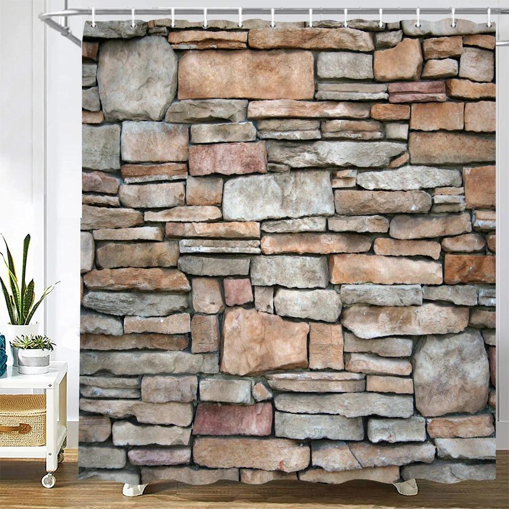Stone Wall Painting Shower Curtain Bathroom Curtain Polyester Fabric Art Shower Curtains Restroom Decor Waterproof With Hooks