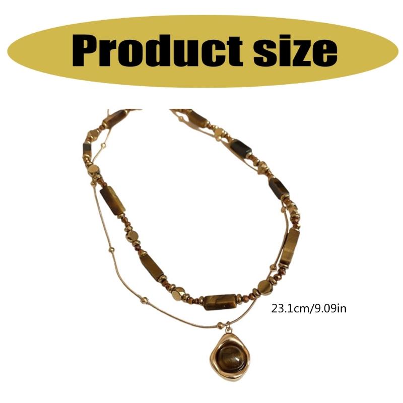 Vintage Inspire Necklace Decoration for Women with Tigers Eye Stone Pendant and Double Layer Chain Stylish Outfits