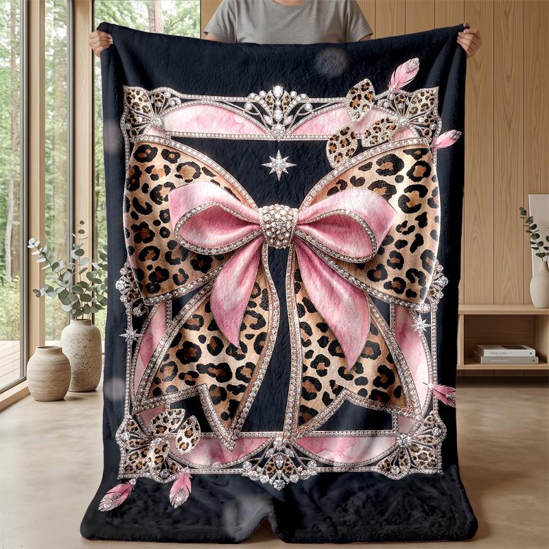 Leopard Print Bow Decor 1 Theme Blanket Lightweight Warm Flannel Blanket Decorative Throw Blanket for Home Decoration