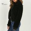 Lapel Women Jacket Winter Coat Thick Plush Solid Color Long Sleeve Zip Up Soft Warm Pockets Casual Elastic Cuff Outdoor Short Cold Weather
