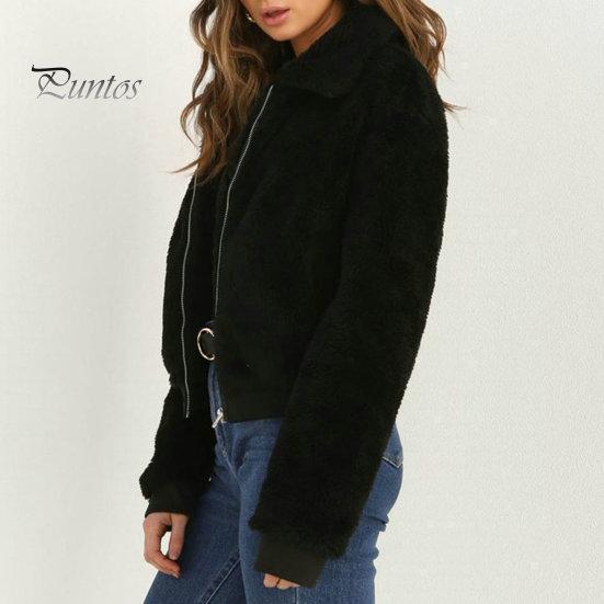 Lapel Women Jacket Winter Coat Thick Plush Solid Color Long Sleeve Zip Up Soft Warm Pockets Casual Elastic Cuff Outdoor Short Cold Weather