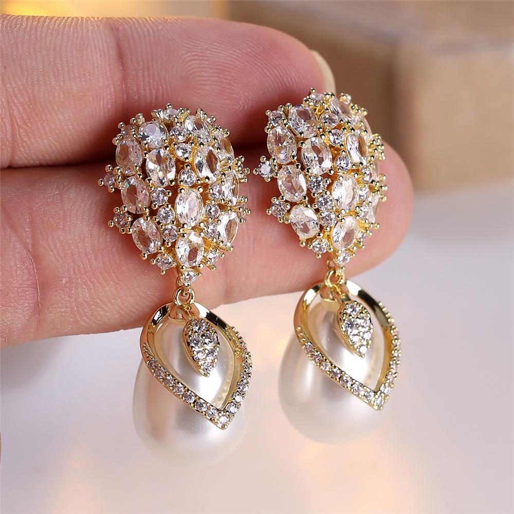 Luxury Female Small White Zircon Pearl Stone Stud Earrings Vintage Gold Color Wedding Party Gift  For Women