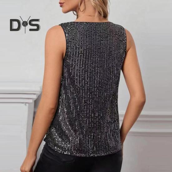 Women Tank Tops Sequin V-Neck Sleeveless T-shirt Shiny Glitter Blouses Sexy Cami Tops for Cocktail Party Clubwear Evening