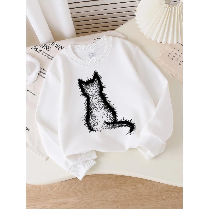 European sizes Kids  Crewneck Sweatshirt - White Cat Silhouette Fur Texture, Sportswear And Casual Wear, Soft And Comfortable 110 белый