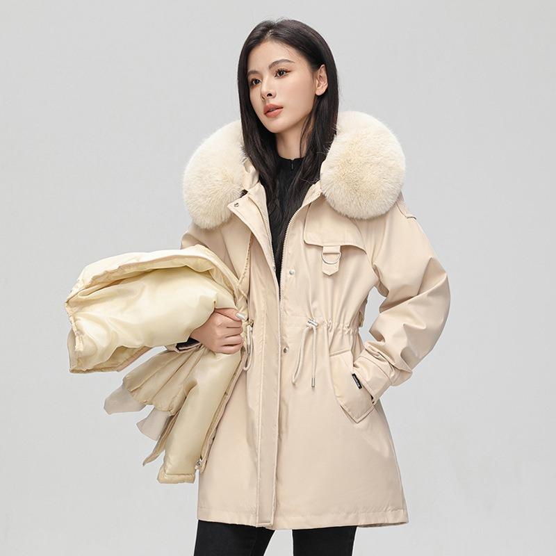 

Women s fur collar hooded removable liner windproof lightweight thickened fluffy warm and cold-proof mid-length casual jacket pie over cotton jacket M