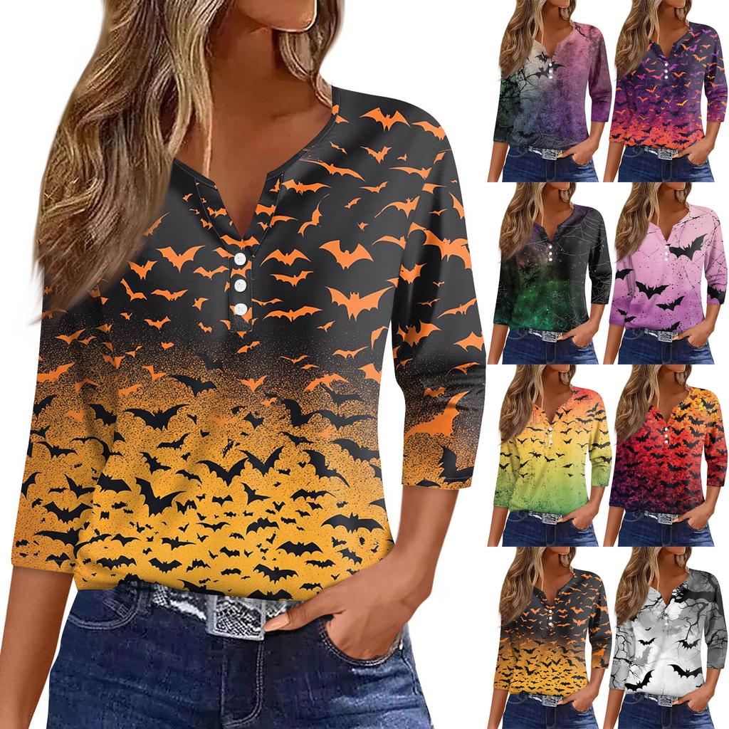 Women's Fashion Casual T-Shirt V-Neck Seven Sleeve  Printed Button Top