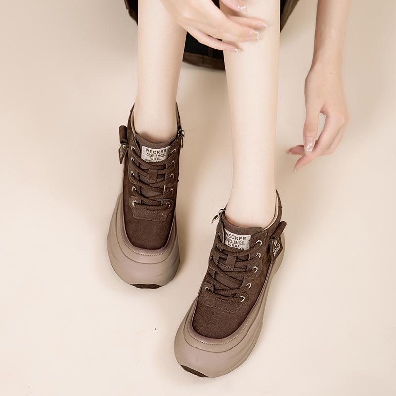 Autumn Women's High-Top Cowhide Sneakers 2025: Thick-Soled, Height-Increasing, Versatile, and Comfortable.