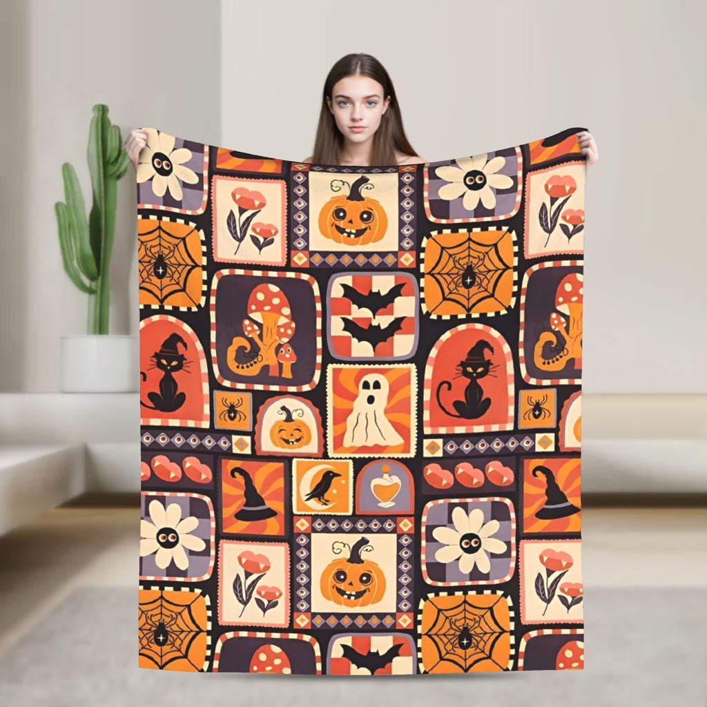 Halloween Spiders Web Bats Pumpkins Spooky  Blanket Super Soft Coral Fleece Plush Cozy Gift  Throw Blankets Bedding Throws