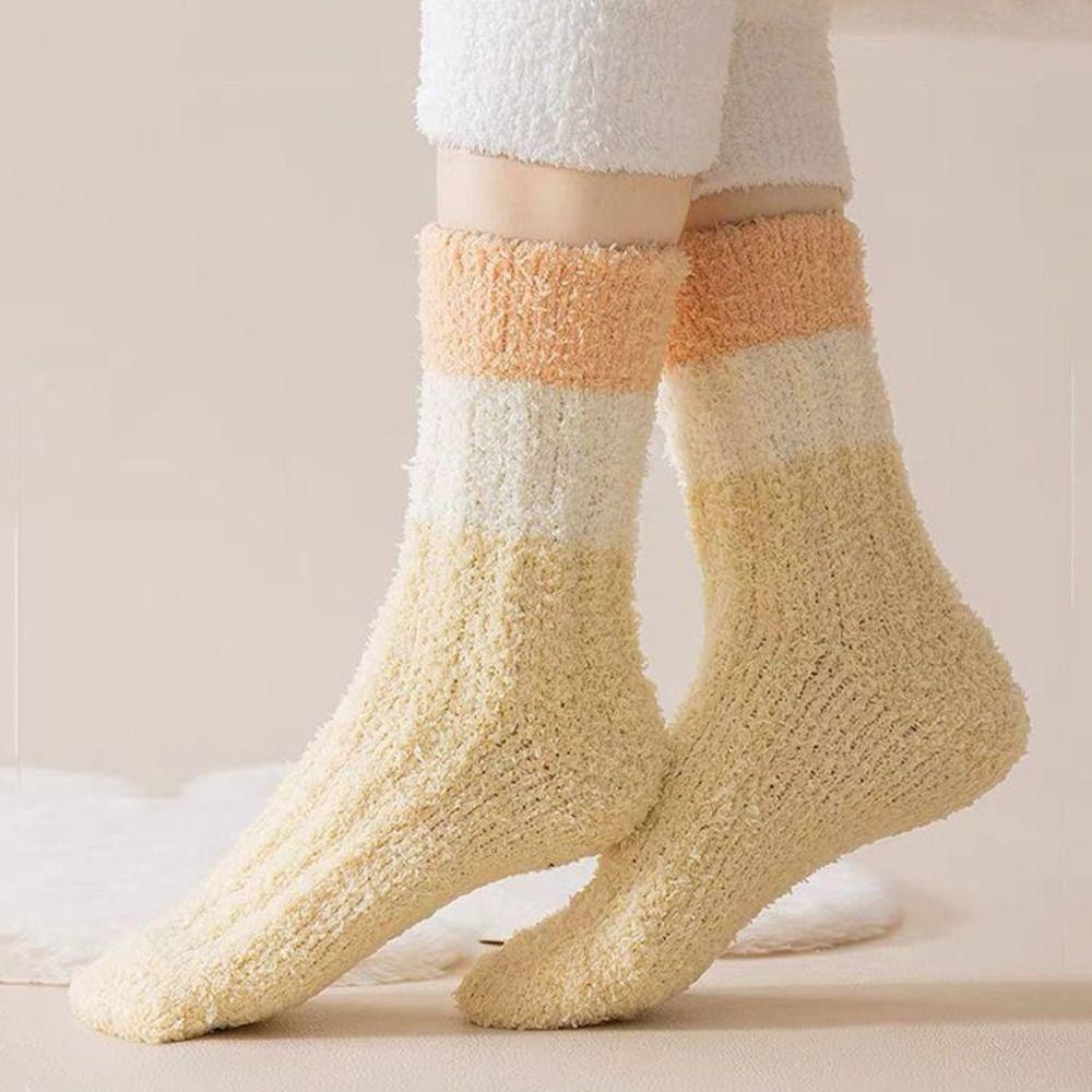 3Pairs Thickened Floor Plush Socks Stripe Mid Tube Socks Women Kawaii Coral Fleece Socks Autumn
