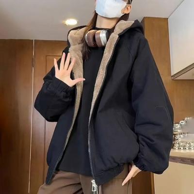 Coats for Women Winter Cotton Jacket Hooded Thickened Velvet Fleece Loose Casual Coat Top