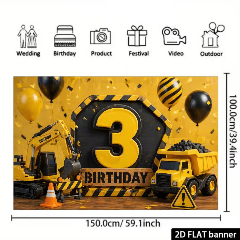 Sfondo 2D Escavatore Camion Ribaltabile 3° Compleanno, Tessuto per Sfondo Fotografico Tema Costruzioni