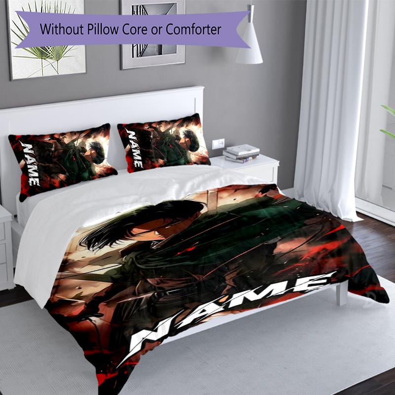 3pcs Custom Name Attack On Titan Set,Includes 1 Duvet Cover and 2 Pillowcases,All-season Bedroom Decor