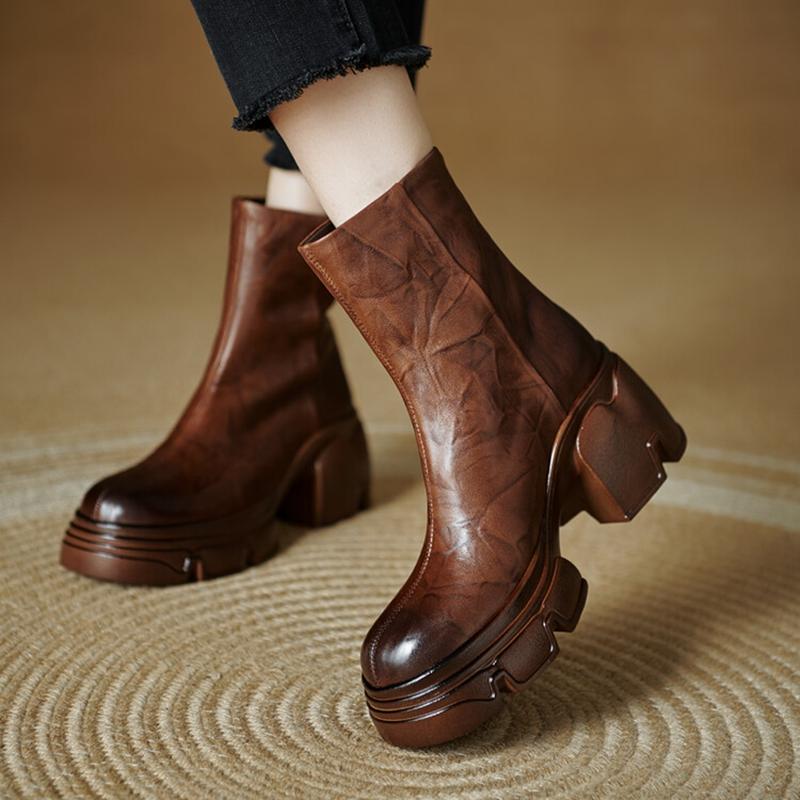 Fashion NEW Autumn Women Boots Genuine Leather Shoes for Women Round Toe Chunky Heel Shoes Concise Zip Platform Boots Soft Daily Shoes