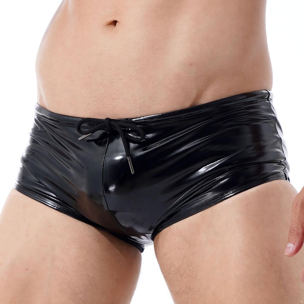 Patent Leather Boxer Men Lingerie Wet Look Panties Trunks Low Rise Sheath Fitness Drawstring Underwear Shorts Party Clubwear New