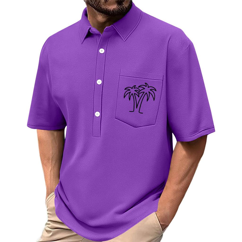 Men's Summer Solid Color Print Four-sided Stretch Lapel Button Pocket Shirt Casual Sports Short-sleeved Top