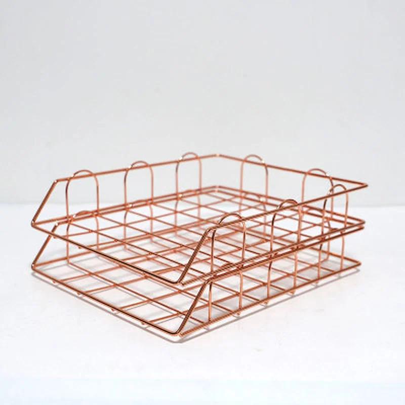 Rose Gold Metal Magazine Holder - Stackable Storage Basket for Office Desktop A4 Paper & Newspapers