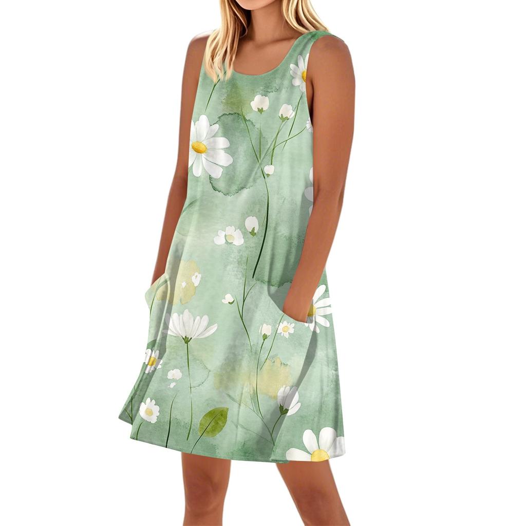 Lässiges und modisches ärmelloses, mittellanges Kleid mit Rundhalsausschnitt und Druck für Damen