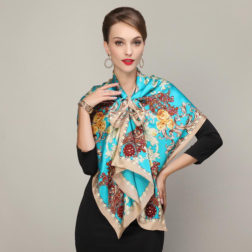 Cachecois Women Blue Silk Scarf Bronzing Printing Autumn And Winter  Ladies Pure Silk Long Scarf Foulard All-Match Blue
