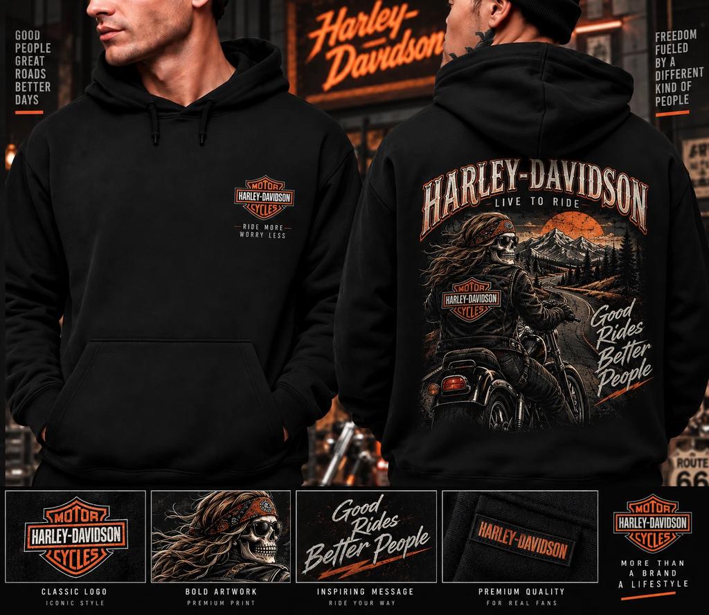 Harley-Davidson Live to Ride Skull Biker Hoodie, Motorcycle Gift for Fan
