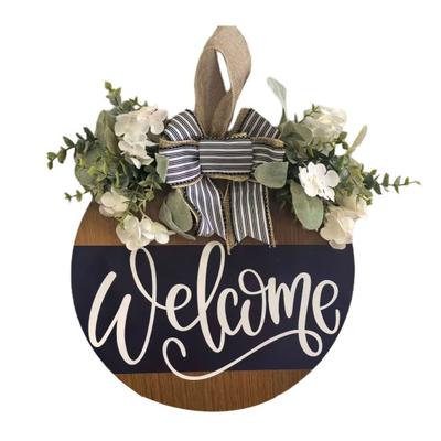 Znak powitalny na drzwi wejściowe, rustykalny, okrągły, drewniany, z kokardą, litera Welcome, wieniec, na wszystkie pory roku, do wewnątrz i na zewnątrz, wieszak na drzwi na werandę, dekoracja ścienna
