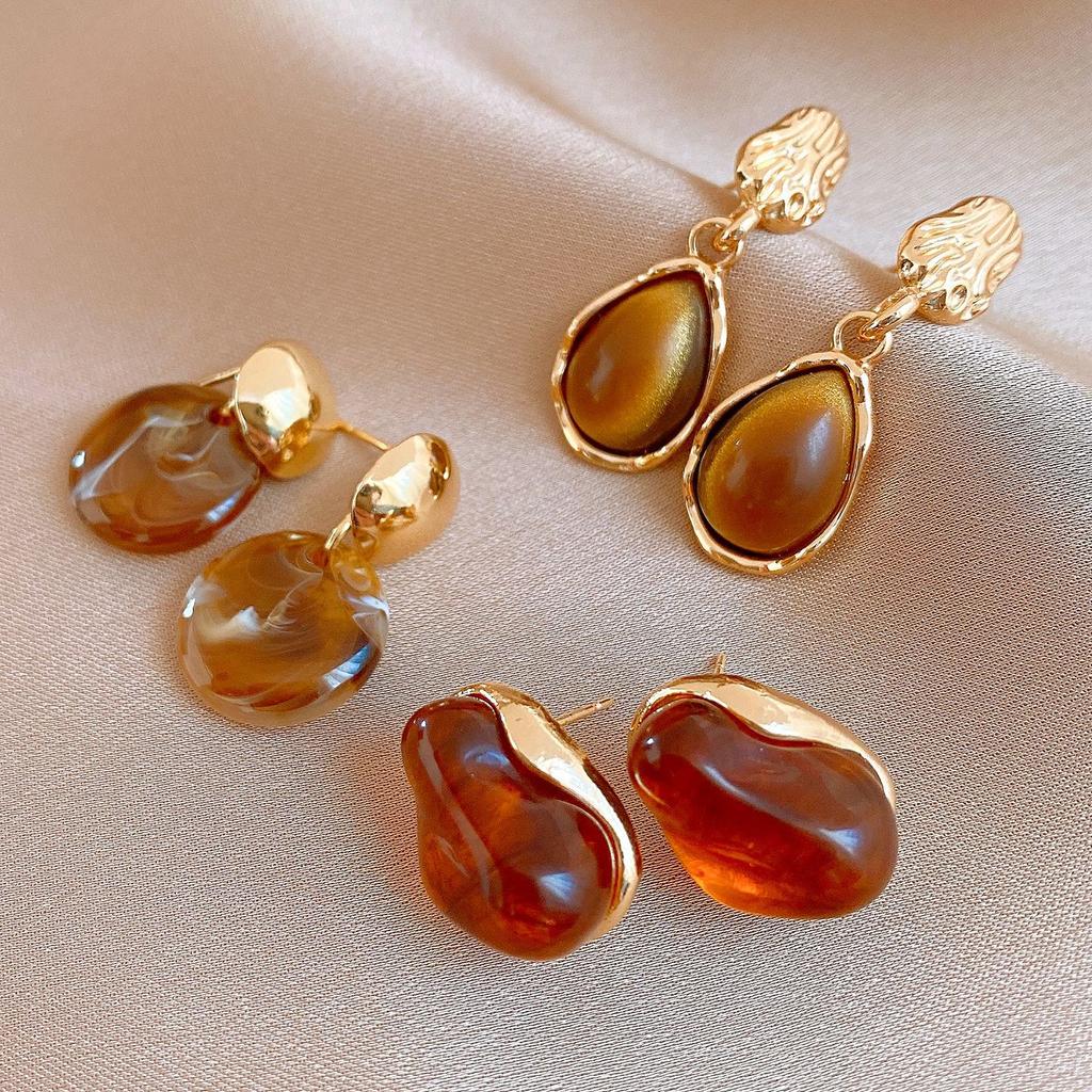 Autumn and Winter Maillard Geometric Resin Water Drop Earrings Stud Earrings Fashion Personality Earrings