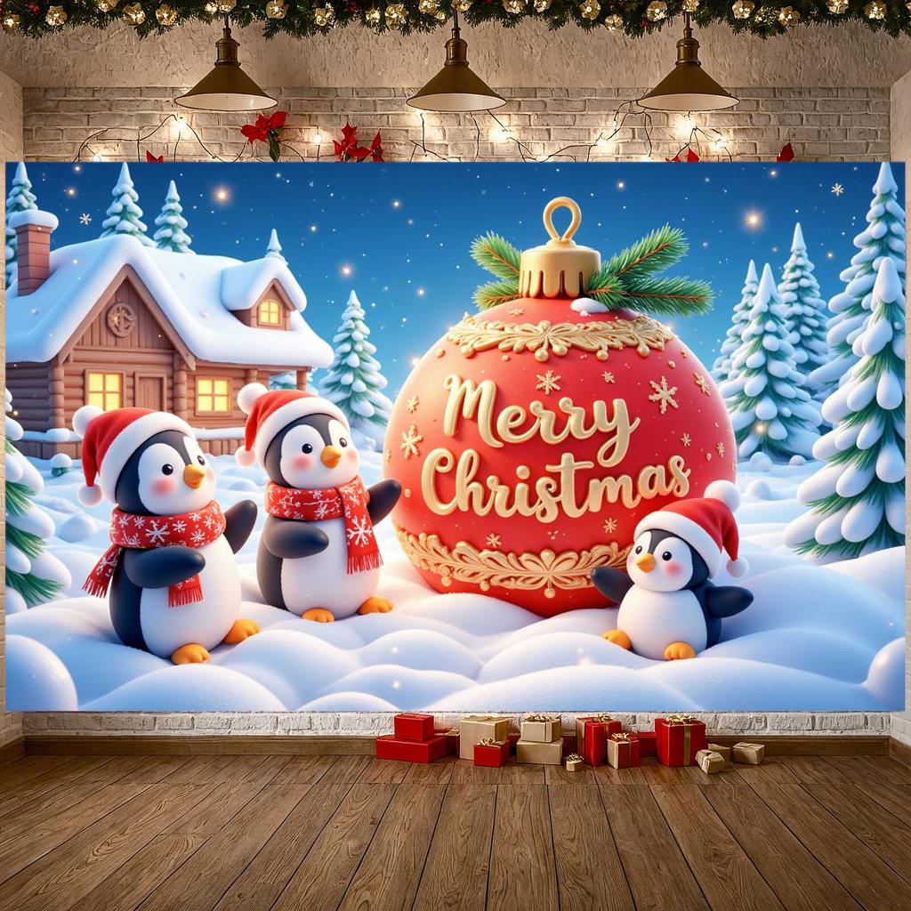 Festive Banner Gold Decorative Penguin Christmas Banner Holiday Banner Snowy Tree For Holiday Photo Shoot Christmas Decoration