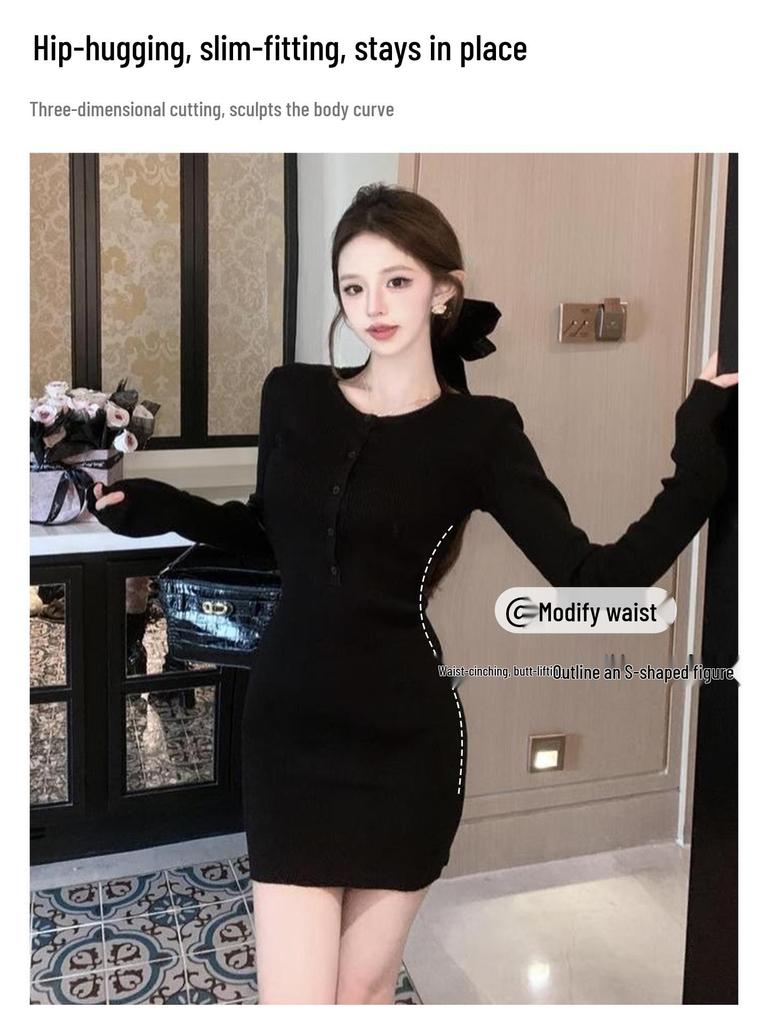 Women's Slim Fit Black Knit Dress - 2025 Autumn/Winter Long Sleeve Hip-Hugging Skirt