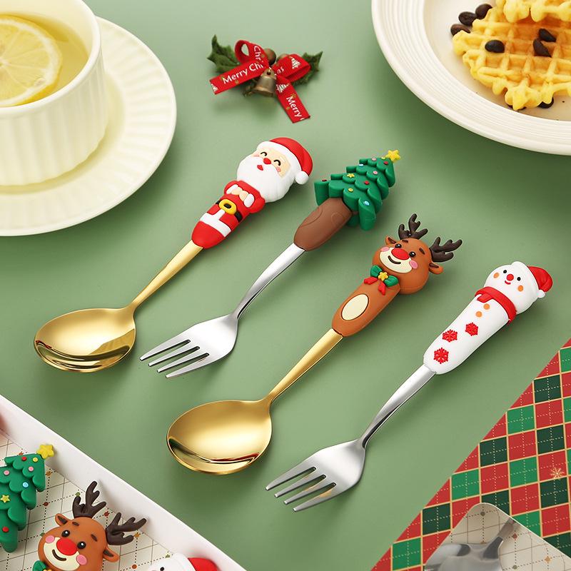 Festive Christmas Cutlery Set: Stainless Steel Cartoon Santa Spoons & Forks In Gift Box