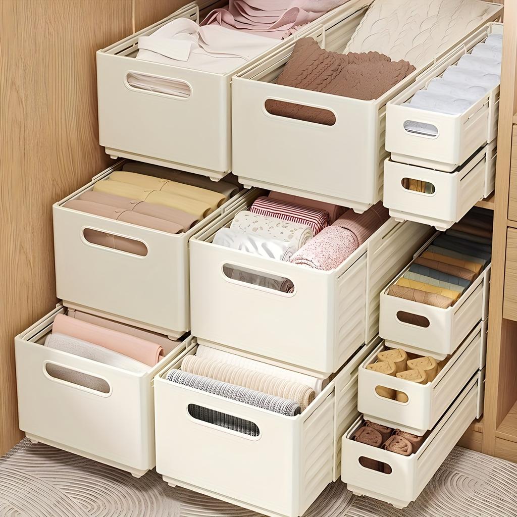 Modern Plastic Telescopic Storage Box, Open-Top Organizer with Multiple Compartments, Ideal for Closet, Kitchen, Desk - White