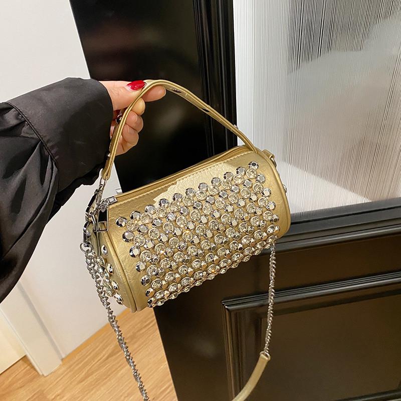 IELGY Cylindrical Female Bag with Diamond Crossbody Chain Pillow Bag