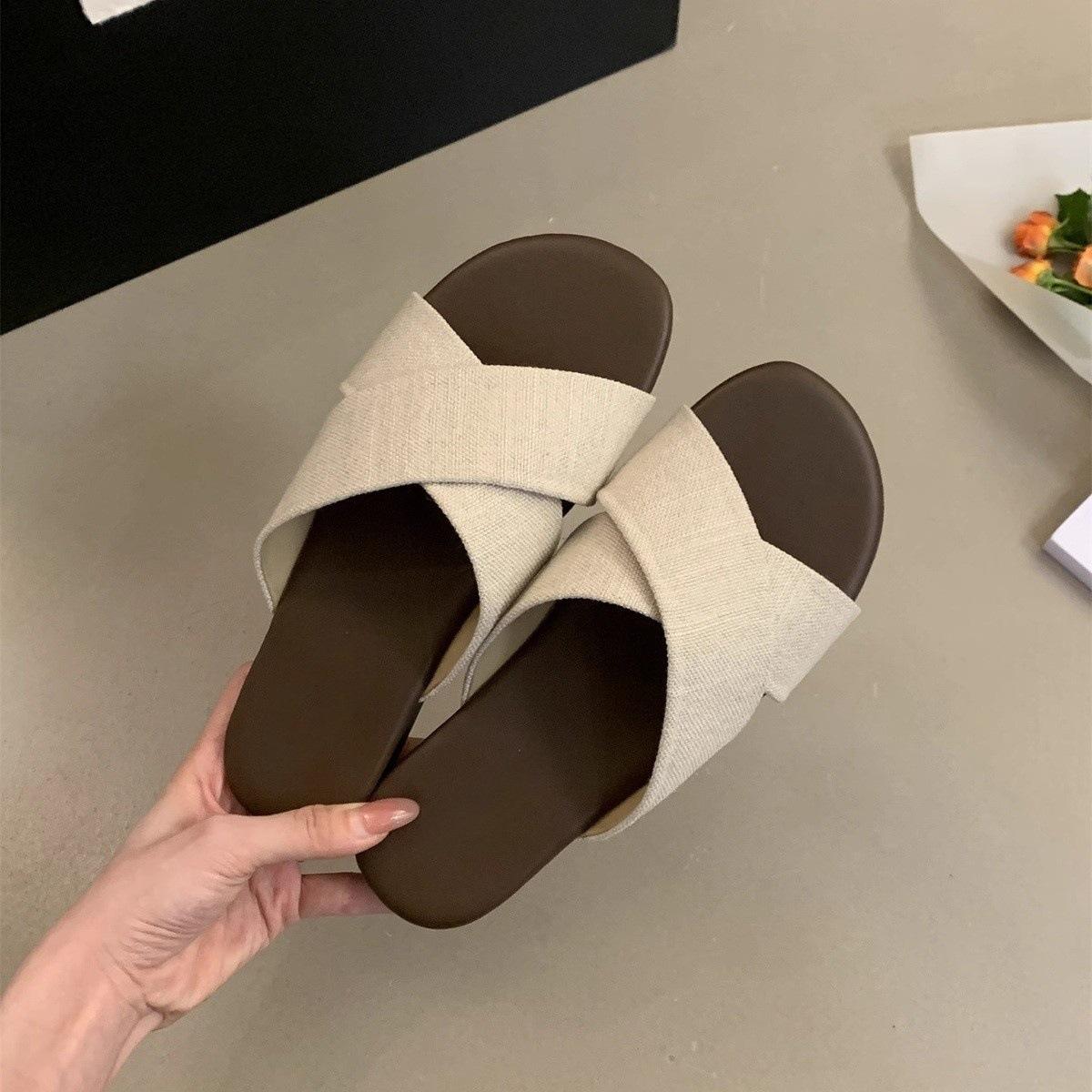 

Cross-strapped linen slippers for women to wear summer new flat sandals retro casual vacation seaside beach shoes 40