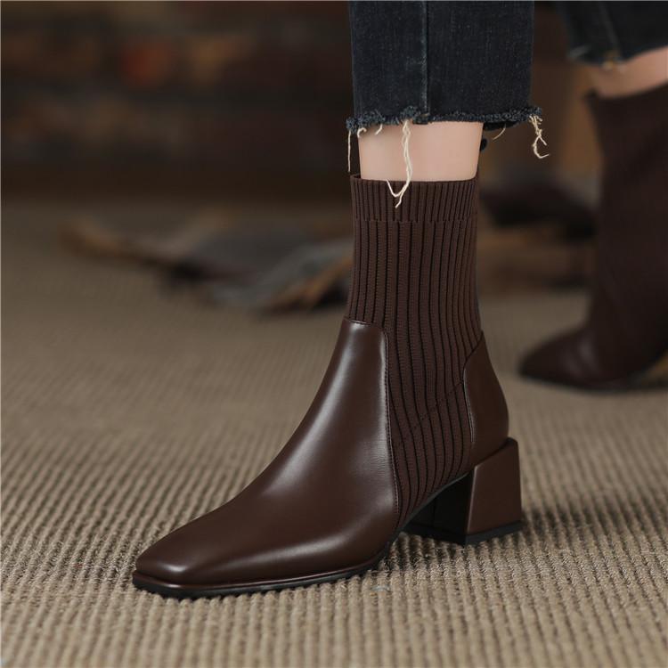 Autumn Winter New Ankle Socks Shoes Women Fashion Large Size 42 Knitted Short Boots Women Slip On High Heels Botas De Mujer