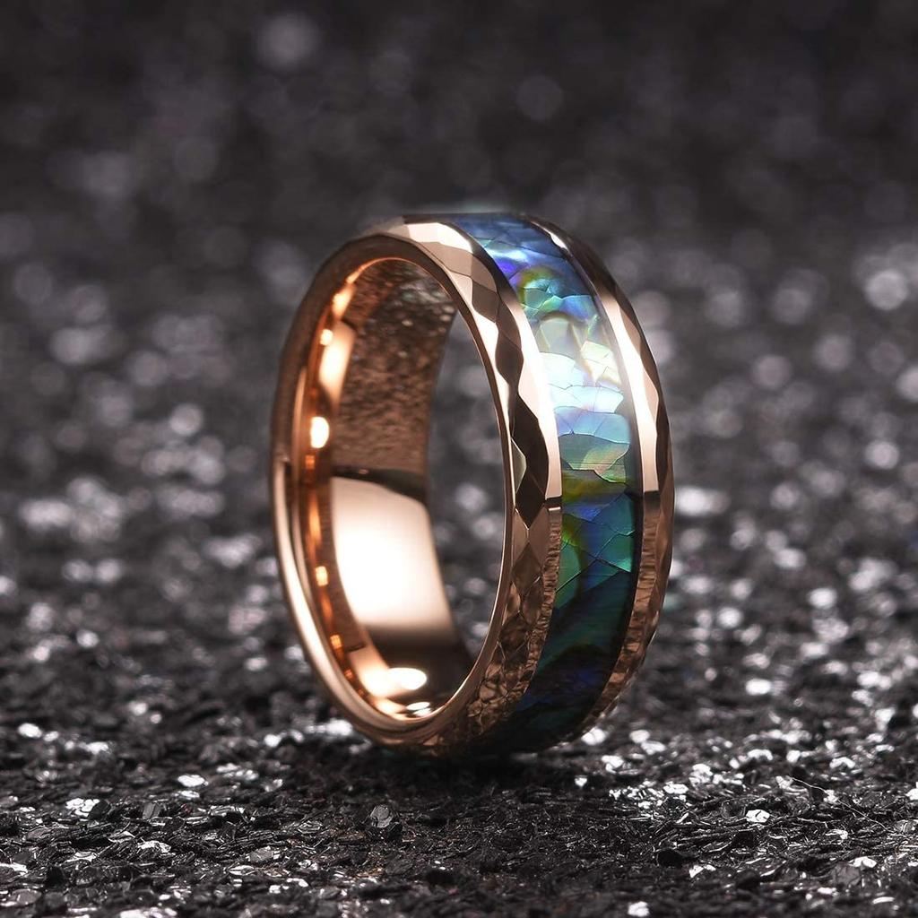 Fashion 8MM Rose Gold Color Stainless Steel Rings For Men Women Colorful Abalone Shell  Inlaid Men Rings Wedding Party Jewelry