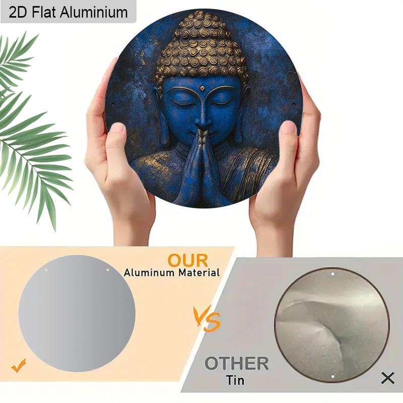 2D Flat Aluminum Vintage Blue Zen Buddha Putuo Round Metal Sign, Man Cave Wall Art Sign for Front Door, Zen Garden Accessories & Meditation Room