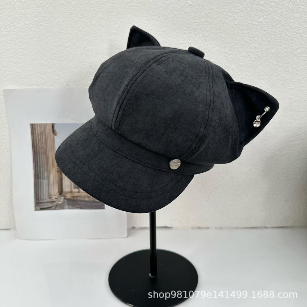 Cute cat ear beads decorative octagonal hat children autumn and winter literary versatile solid color beret casual painter hat