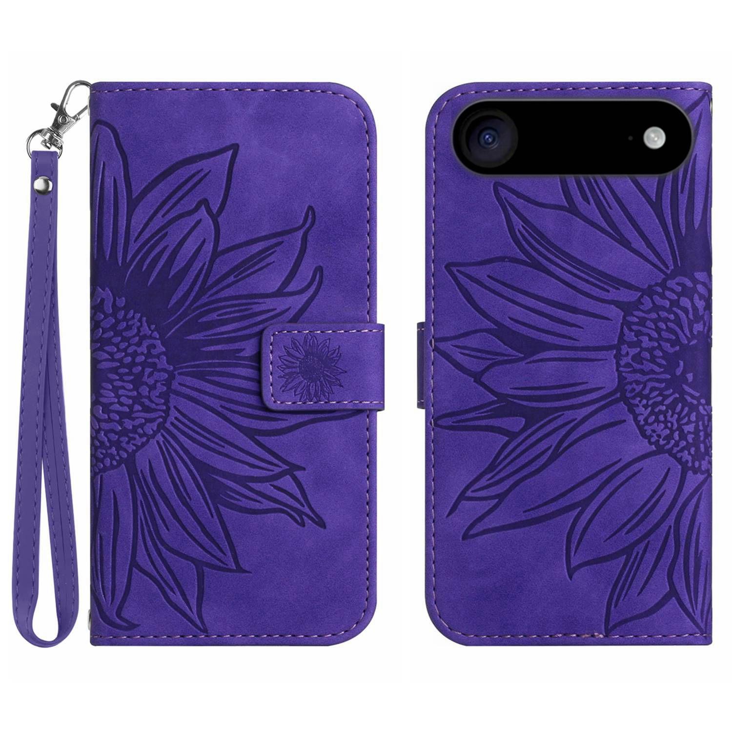 

For iPhone 17 Air Case Sunflower Imprint Leather Wallet Phone Cover with Wrist Strap Dark Purple