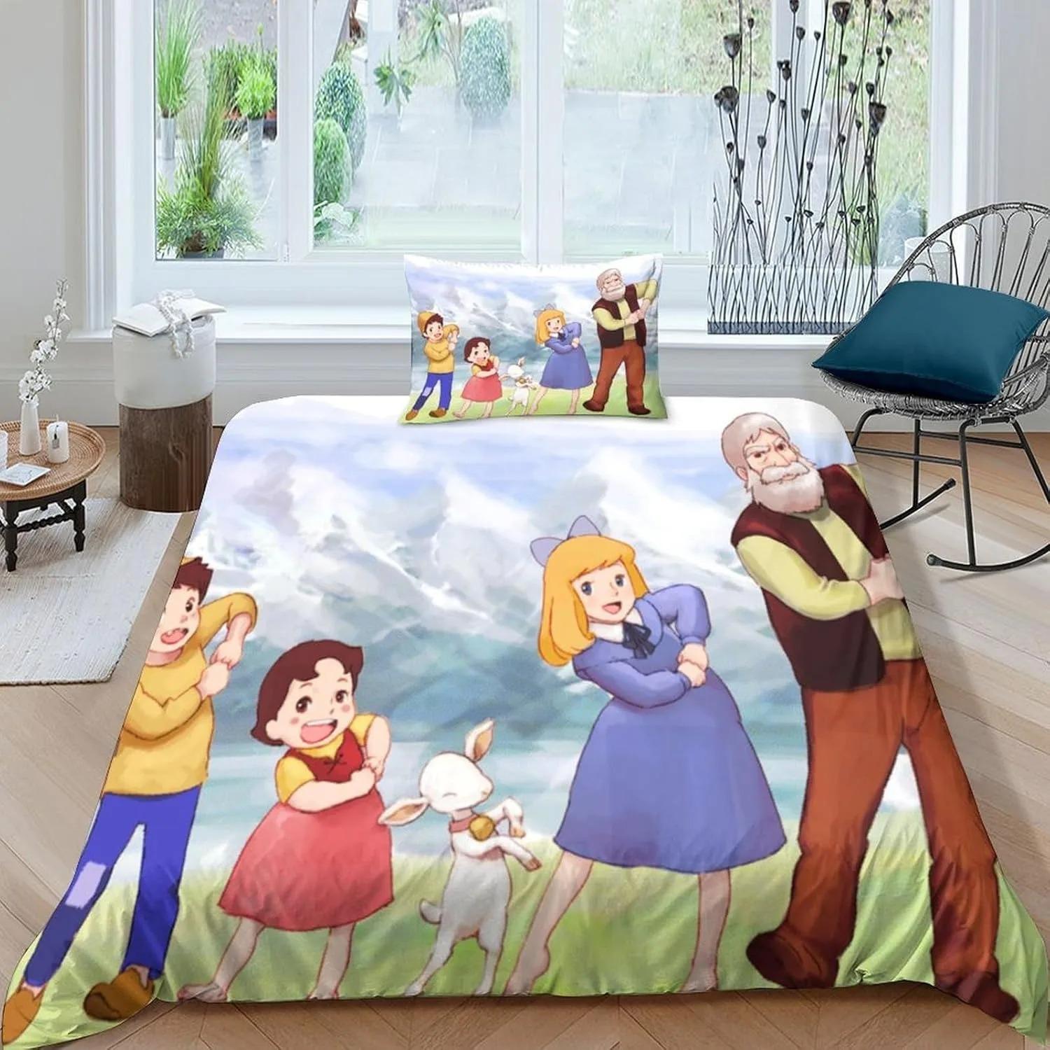 Cartoon Heidi Girl Bedding Set, Single/Double Duvet Cover and 2/3pcs Pillowcases, Home Bedroom Decor, Gift for Girls 135x200cm