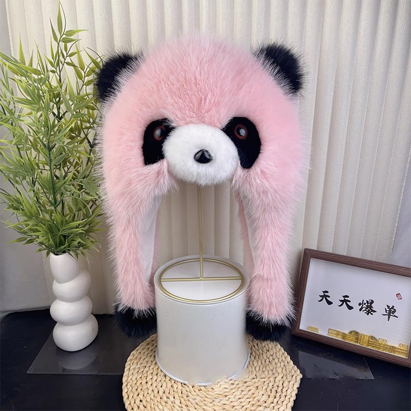 Faux Mink Fur Cap Plush Panda Hat Winter Women'S Ear Protection Hat Fashion Bomber Hat Outdoor Thicken Furry Wind Snow Caps