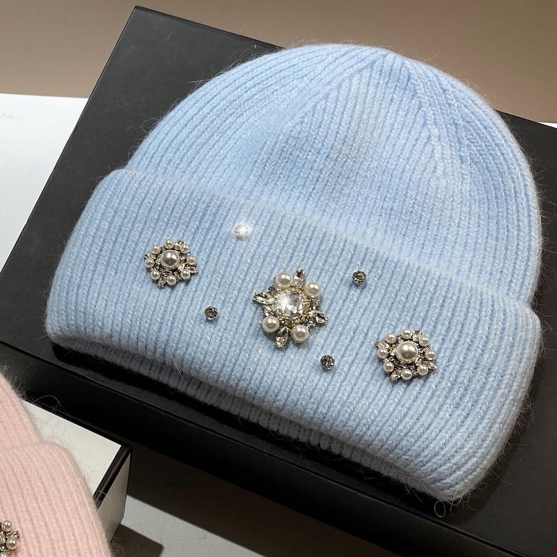 New European Retro Court Feng Shui Diamond Rabbit Hair Knitted Hat, Warm In Autumn and Winter, Thickened Plush Fashionable Wool Hat for Women